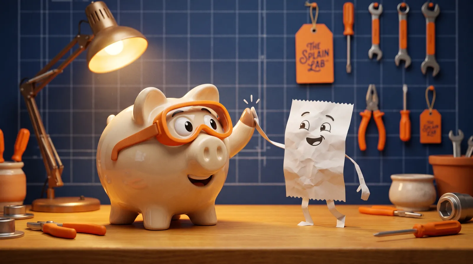Penny the piggy bank and Bill the receipt high-fiving on the workbench
